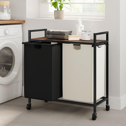 WOWLIVE Double Laundry Hamper with Wheels, Rolling Laundry Basket Organizer | Laundry Hamper 2 section with Lid, Iron-Made Laundry Sorter with Shelf, Removable Bags, Large Clothes Storage, White