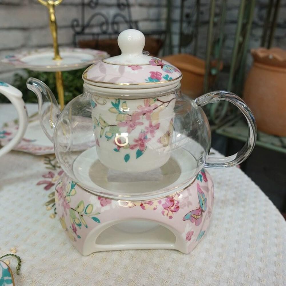 YBKTEX Glass Teapot with Ceramic Warmer- Butterflies Pattern (Pink)