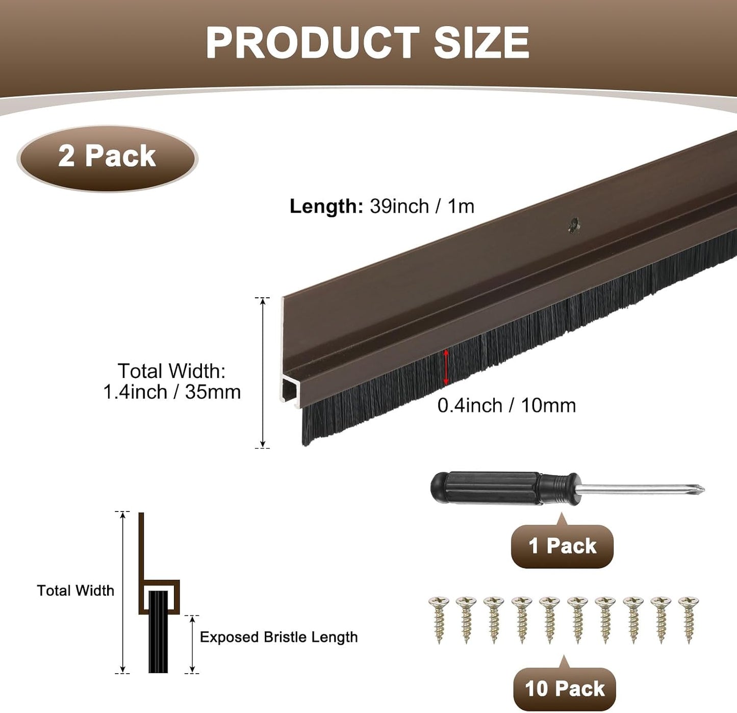 M METERXITY 2-Pack Door Brush Bottom Sweep, 39" L x 2.6" W H-Shape Aluminum Alloy Base with 1.6" Nylon Brush for Industrial/Home/Garage Door Seal, Strong Adhesive Weather Stripping Kit[Silver]