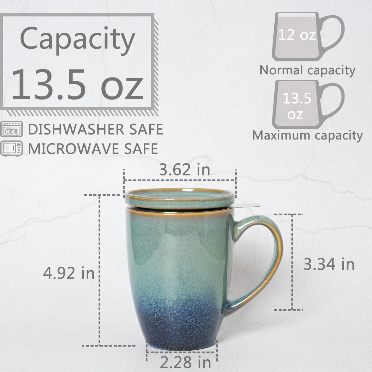 Bosmarlin Ceramic Tea Cup with Infuser and Lid, 13.5 Oz, Loose Leaf Tea Steeper Mug with Strainer, Microwave and Dishwasher Safe, Reactive Glaze (13.5 Oz, Pale Green)