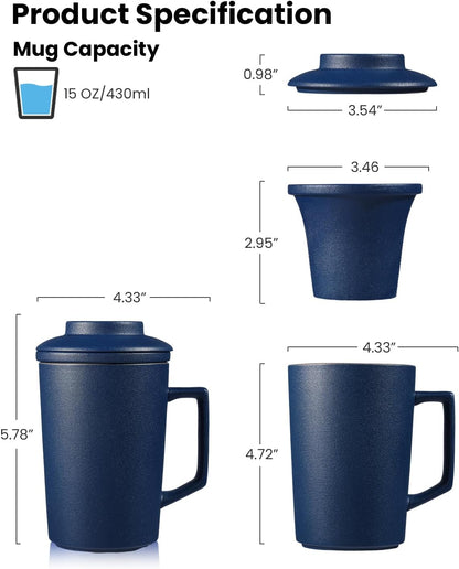 15 oz Ceramic Tea Infuser Cup with Lid - Tea Mug with All Porcelain Strainer for Loose Leaf Teas,Microwave and Dishwasher Safe,Metal-Free,BPA-Free for Tea Lovers/Birthday (Black)