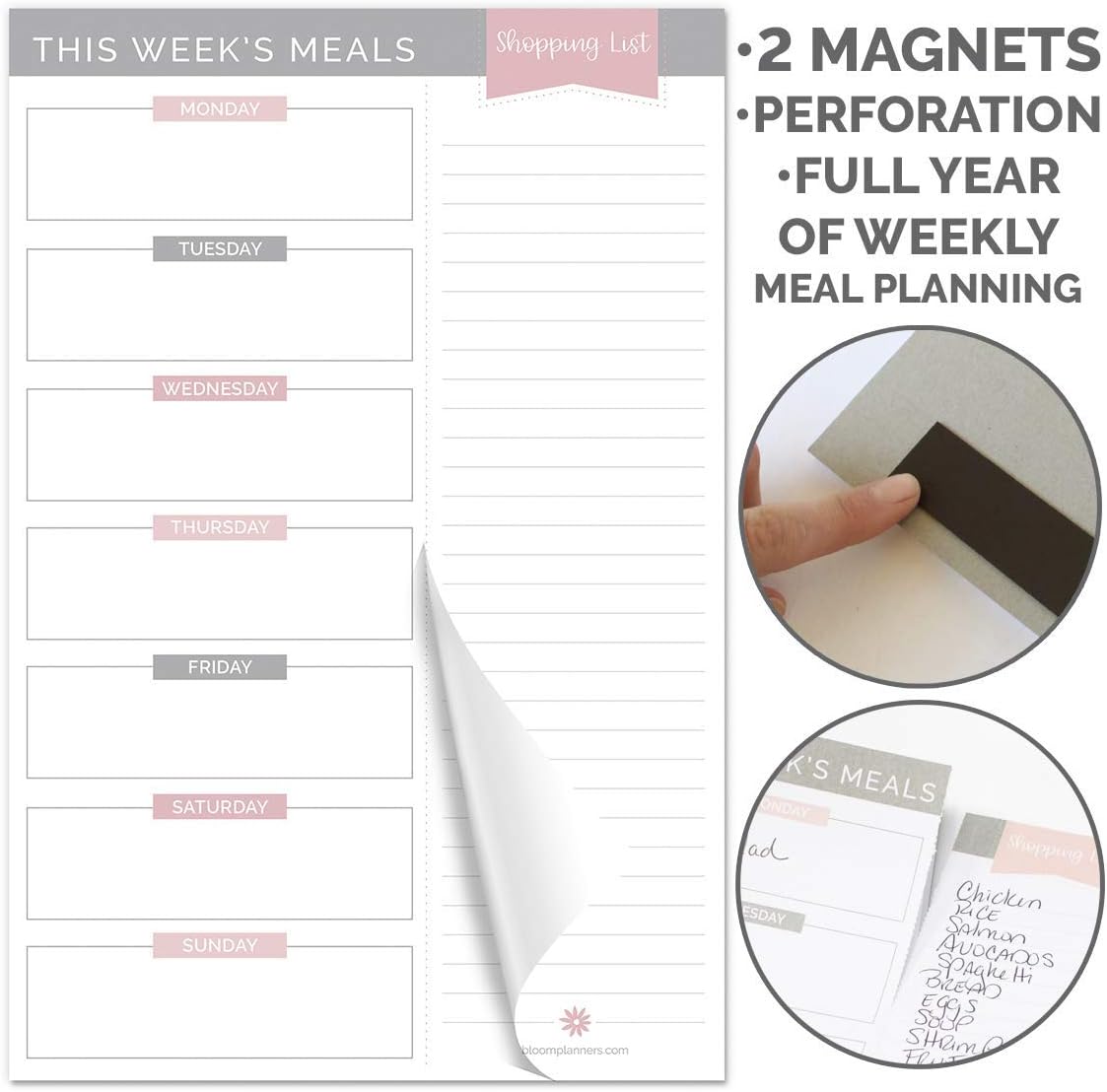 bloom daily planners Weekly Meal Planning Pad - Magnetic Hanging Refrigerator Menu Planner with Tear-Off Sheets & Perforated Grocery Shopping Lists - 6” x 9” (Pink Floral)