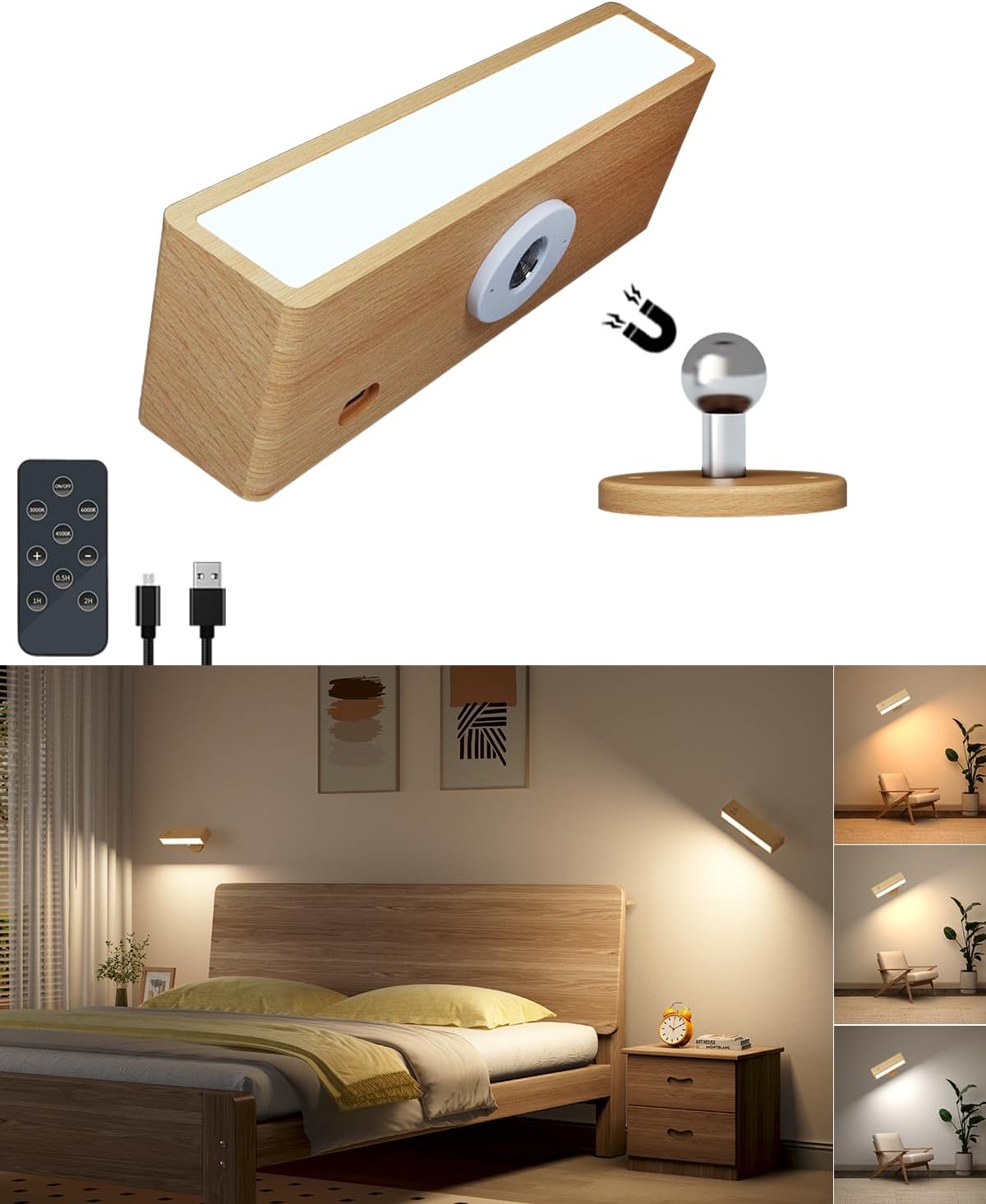 DetarZinLED Wall Lights Battery Operated Wooden,Magnetic Wall Sconces Rechargeable,Adhesive Wall Lights for Bedroom,Dimmable Wall Mounted Bedside Lamp,Cordless Battery Wall Sconce for Bedroom Reading
