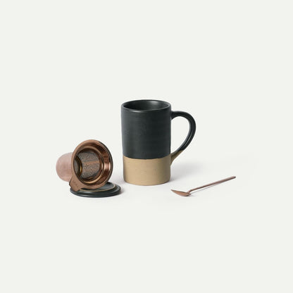 Mora Ceramics Tea Cup with Loose Leaf Infuser, Spoon and Lid, 12 oz, Microwave and Dishwasher Safe Coffee Mug - Rustic Matte Ceramic Glaze, Modern Herbal Tea Strainer - Great Gift for Women, Garnet