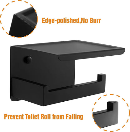 HITSLAM Toilet Paper Holder Matte Black, Adhesive Wall Mount, No Rotation | Heavy Duty Metal | anti rotation slot | vertical or horizontal setup |rustproof matte black finish|Bathroom Tissue Dispenser