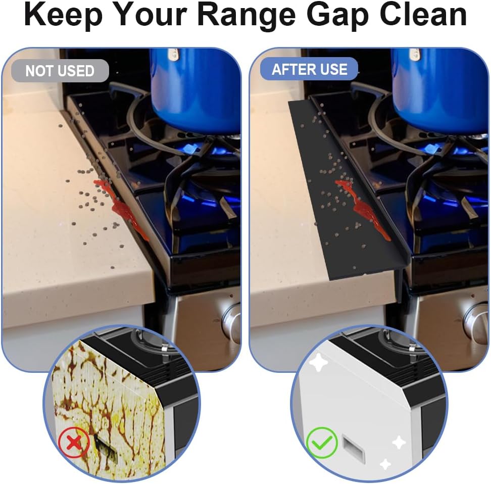 Silicone Stove Counter Gap Cover 30 Inch Side Range Gap Filler 2 Pack Black | Extra long kitchen stove gap covers, 0.2-1 inch gap, heavy 10 oz, cut to size, oven crack guards between stove and counter