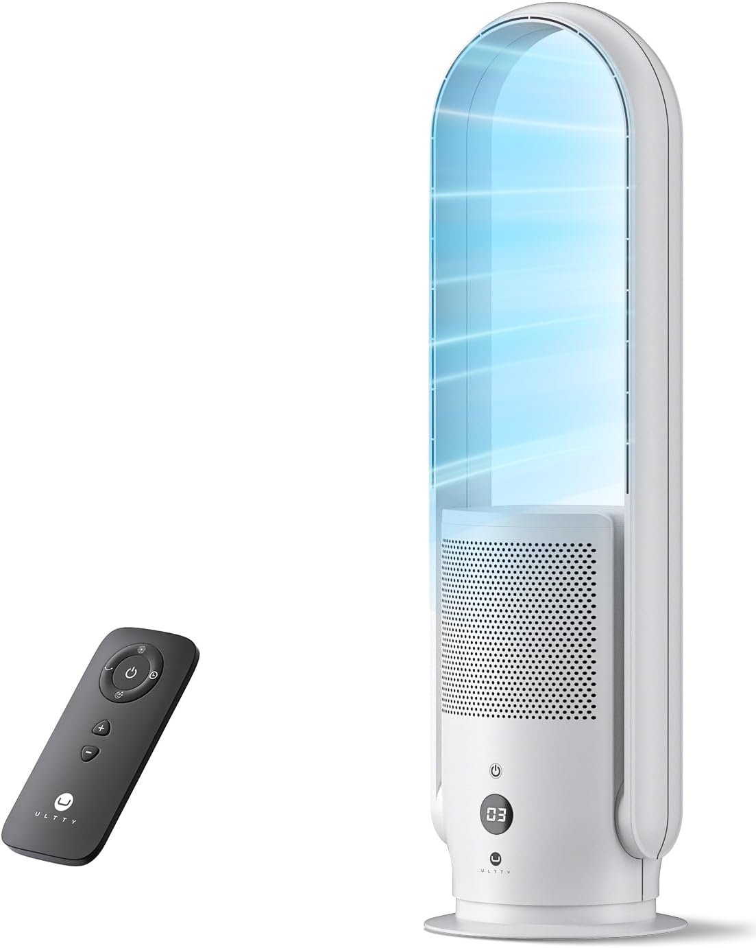 ULTTY Bladeless Tower Fan and Air Purifier Combo, Quiet Oscillating Fan with Remote & Touch Control, 9 Speeds, 8H Timer, HEPA Air Filter, Safe Floor Fan for Bedroom Home Office Black, 23.5"inch