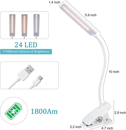 LED Reading Light with Clip USB Rechargeable Book Lights, 24 LEDs Flexible Neck Night Bed Lamp, Touch Control Portable Clamp Desk Lamps for Bed Headboard, Computers -Black