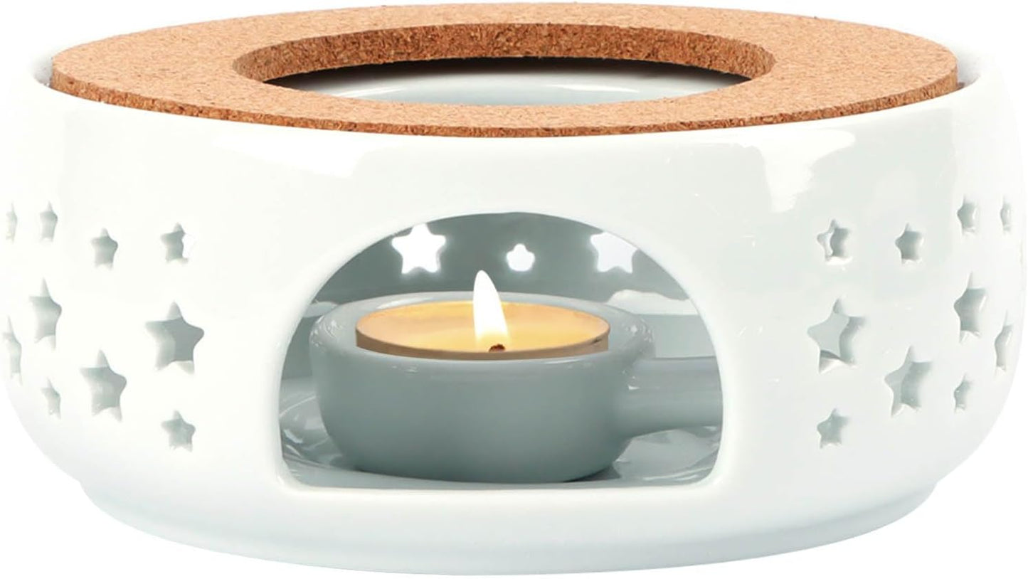 Teapot Warmer, Ceramic Tea Warmer for Teapot, Tealight Warmer with Tealight Holder for Heating Coffee Milk Tea Warmer, Teapot Heater (White)