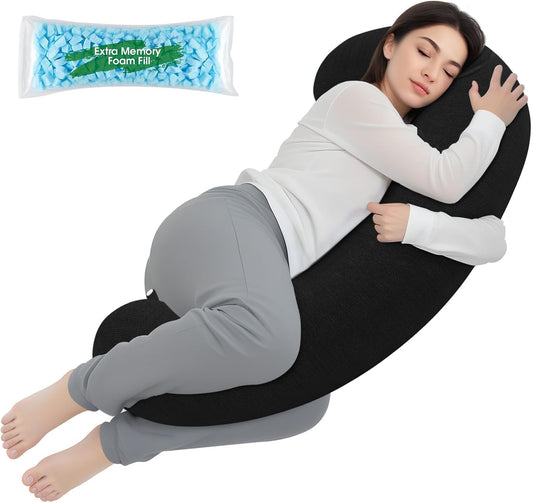 TranquilRelax C Shaped Body Pillow for Side Sleepers, Memory Foam Long Pillow for Leg, Hip & Back Support, Soft Washable Cover,Grey-47"*10"