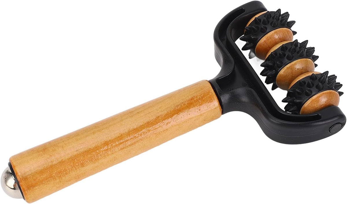 Handheld Spiky Massage Balls Roller, 3 Wheels Spiky Point Muscle Massage Roller with Wood Handle, Muscle Relaxation Tools for Foot Arm Body Neck Leg Pain Pressure Relief