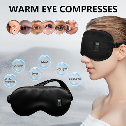 Rechargeable Heated Eye Mask for Sleeping - Soft 100% Mulberry Silk Sleep Mask for Women & Men, Portable Electric Heat Therapy for Dry Eyes, Headache, Puffy Eyes (Charcoal Black)