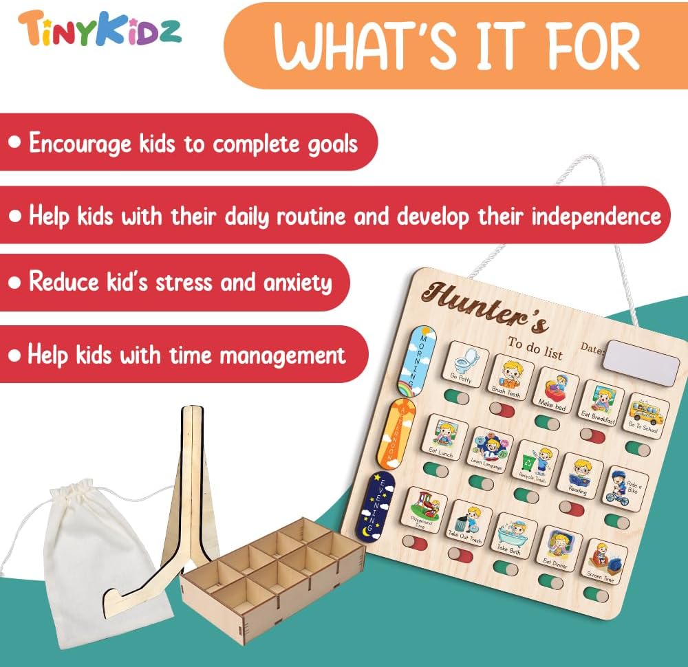Daily Routine Chart for Kids, Visual Schedule, Routine Chart for Toddlers 3-5, Morning Bedtime Routine Chart for Toddlers, Wooden Chore Chart for Kids