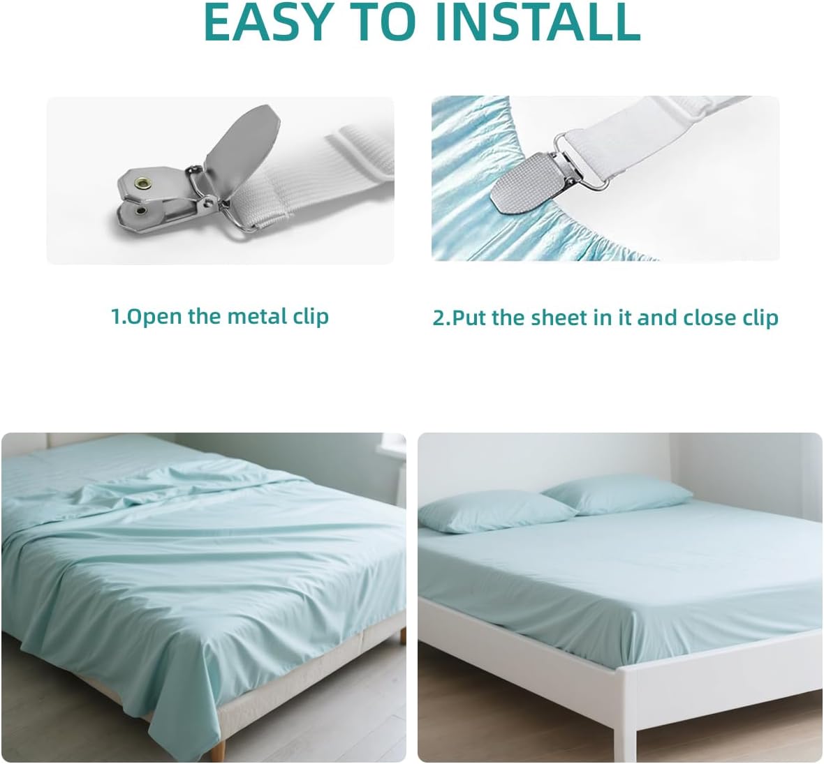 Bed Sheet Retainer Straps,Elasticated Adjustable Mattress Fitted Sheet Clips,Sheet Holder and Mattress Firm and Tight,for Anti-Slip and Anti-Wrinkle Sheets,Suitable of Mattresses,White