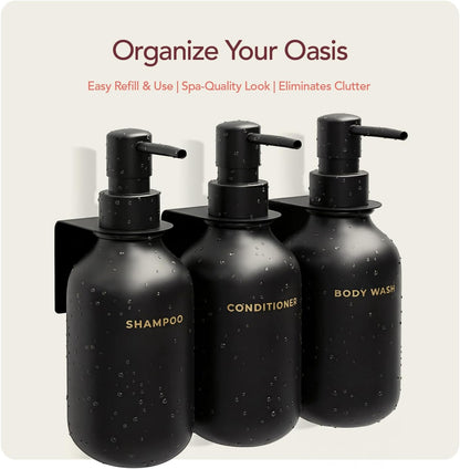 Black Soap Dispenser Set for Bathroom – 3-Packs Refillable Bottle Set, Soft Touch Pump Bottles Wall Mount Hooks Stickers Glue with Vanity Sink Placement Modern Design