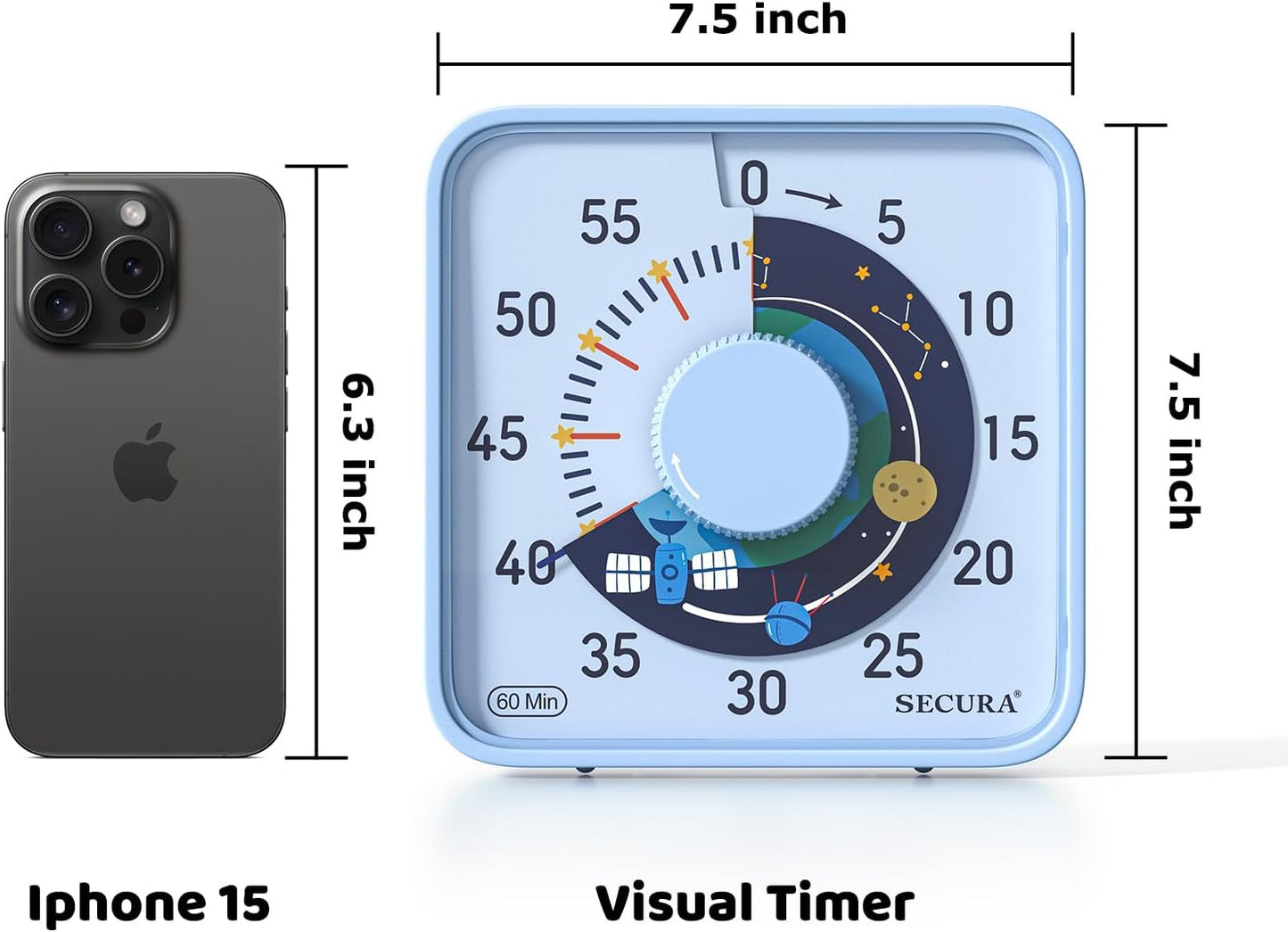 Secura 7.5-Inch Rocket Pattern Visual Timer for Kids, 60-Minute Countdown Timer for Classroom or Kitchen, Durable Mechanical Timer Clock with Magnetic Backing (Blue)