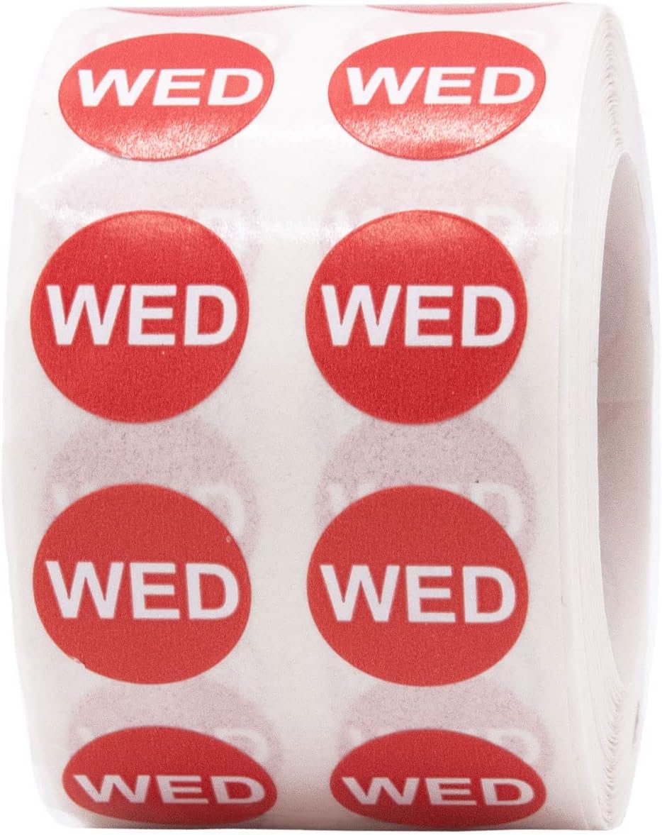 Red Circle Wednesday Stickers – 1/2 Inch Round Adhesive Labels, 1000 Total Stickers Per Roll for Inventory, Food Rotation, Organization, and Retail – Made in the USA