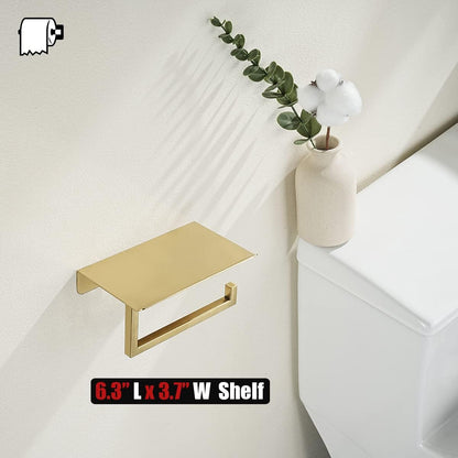 JQK Toilet Paper Holder Shelf, Bathroom Tissue Roll Holder with Phone Shelf, 5 Inch 304 Stainless Steel Tissue Paper Dispenser, Matte Black Wall Mount, TPH202-PB