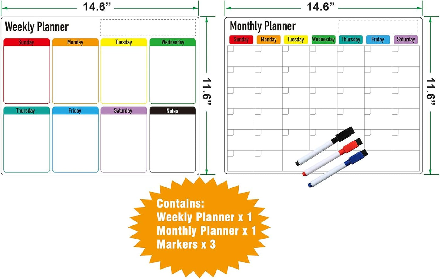 Magnetic Dry Erase Calendar for Fridge: Pack of 2-14.6” x 11.6” Magnetic Monthly and Weekly Planner for whiteboard, Family Organizer and Schedule Board for Home and Office