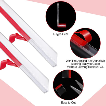 2 Pcs L-Type Seal Strip 3/8'' X 73'' Clear Vinyl Glass Shower Door | Self-adhesive for Easy Install, Water Dam at Shower Bottom Threshold, Fits Frameless Glass Gaps, Prevents Bathroom Leaks