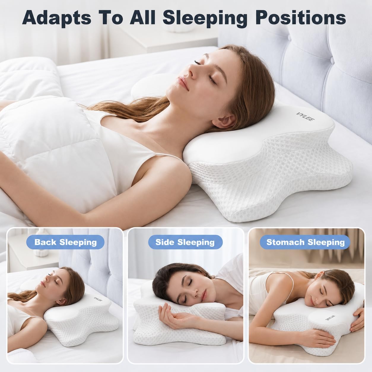 VYLEE Cervical Neck Pillow for Pain Relief, Ergonomic Memory Foam Pillow for Neck Support, Cooling Contour Orthopedic Pillow for Side, Back & Stomach Sleepers | Ergonomic contour pillow supports proper neck alignment for side, back & stomach sleepers