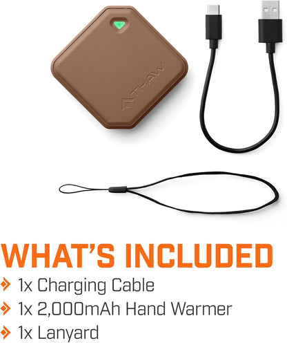 THAW Rechargeable Mini Hand Warmer | Double-Sided Heating, Up to 4 Hours, Rechargeable USB-C, Durable Impact-Resistant Construction, Integrated LED Light