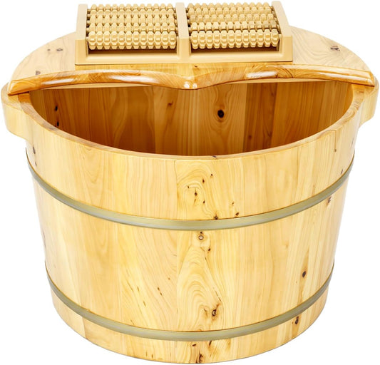 tonchean 15.74in*12.2in*10.23in Wooden Foot Bath Bucket, Thick Insulated Wooden Foot Basin with Massage Roller and Lid Foot Wash Bucket for Foot Bath, Massage, Spa Suitable for All Ages