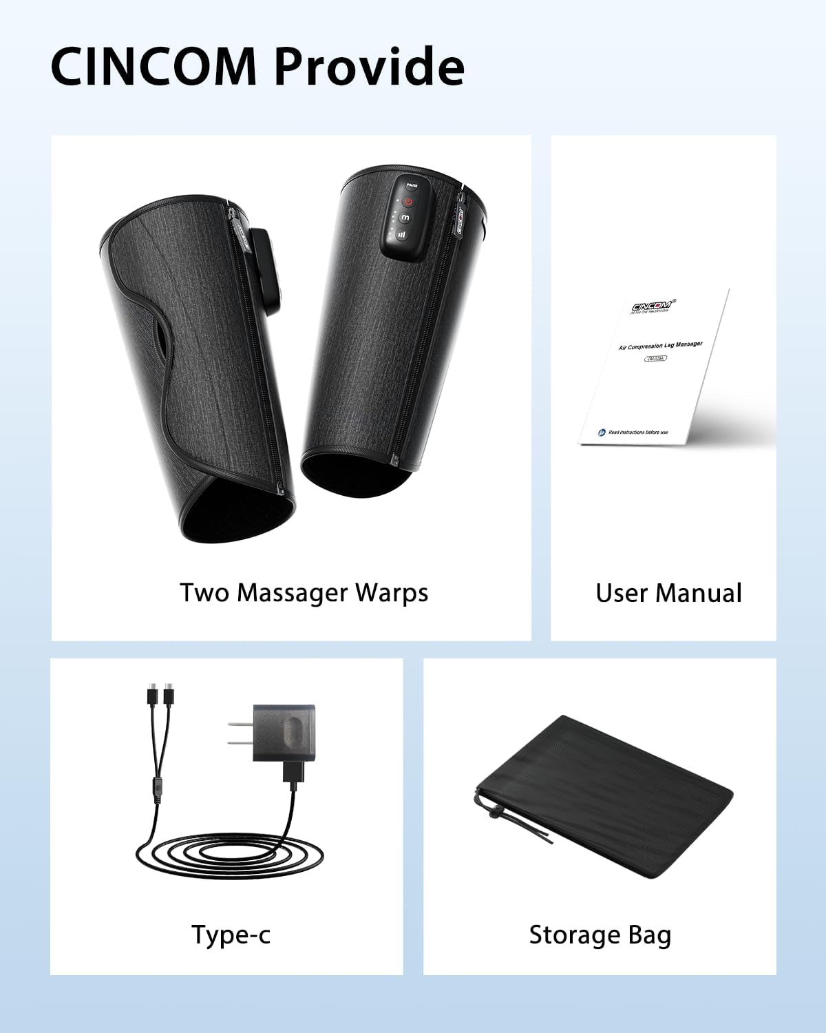 CINCOM Air Compression Leg Massager, Cordless Calf Circulation Massager | 3 Modes 3 Intensity Levels Adjustable Velcro Zipper Pause Portable Easy to Put On Improving Leg Circulation Pain Relief