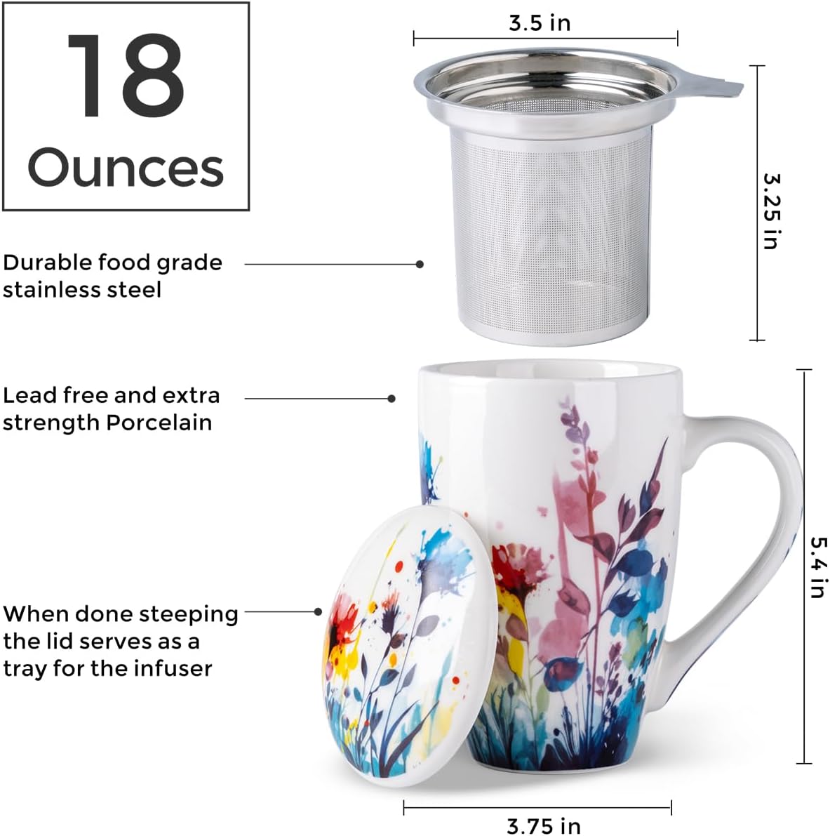 AmorArc Tea Cup With Infuser and Lid, 18oz Loose Leaf Tea Mug With Steeper | Porcelain Tea Mug With Infuser and Lid, Strainer Tea Cup for Tea Lovers, Home & Office, Housewarming Birthday Gift