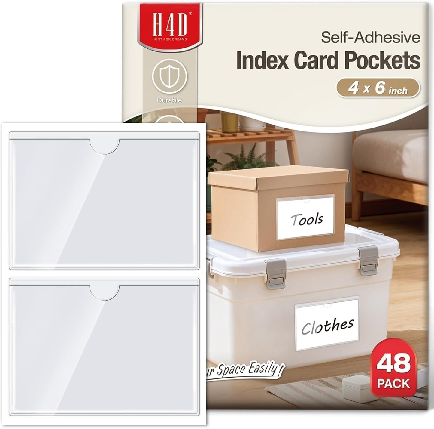 H4D 24 Pack labels for Storage Bins, 4" x 6" Plastic Clear Adhesive Pockets | Top-Open Index Card Holder, Waterproof & Removable Labels for Storage Bins, Totes, Containers, Shelves & Library Organization