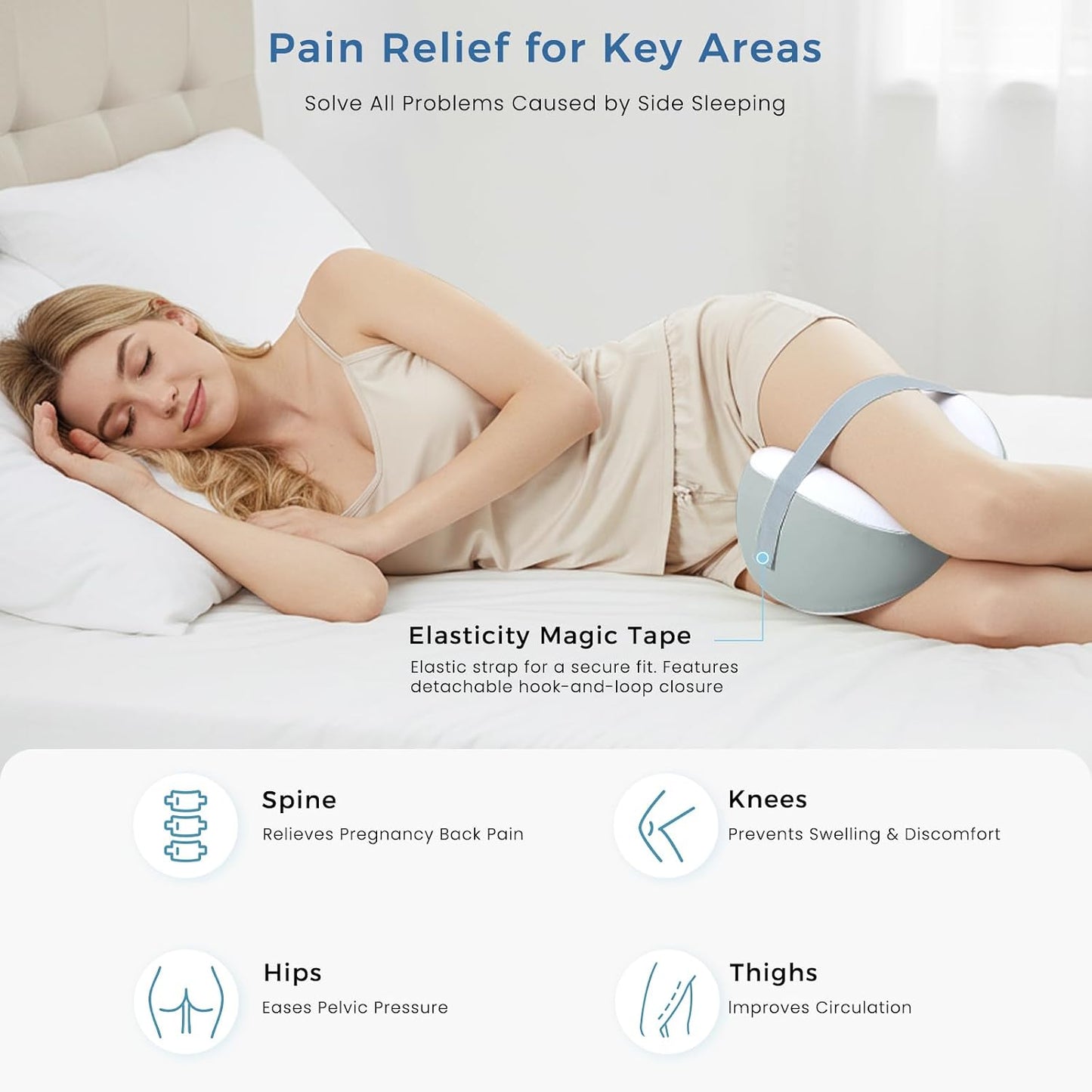 Knee Pillow for Side Sleepers, Leg Pillow with Adjustable Hook & Loop Strap & Removable Washable Cover for Spine Alignment, Sciatica, Hip & Back Pain Relief