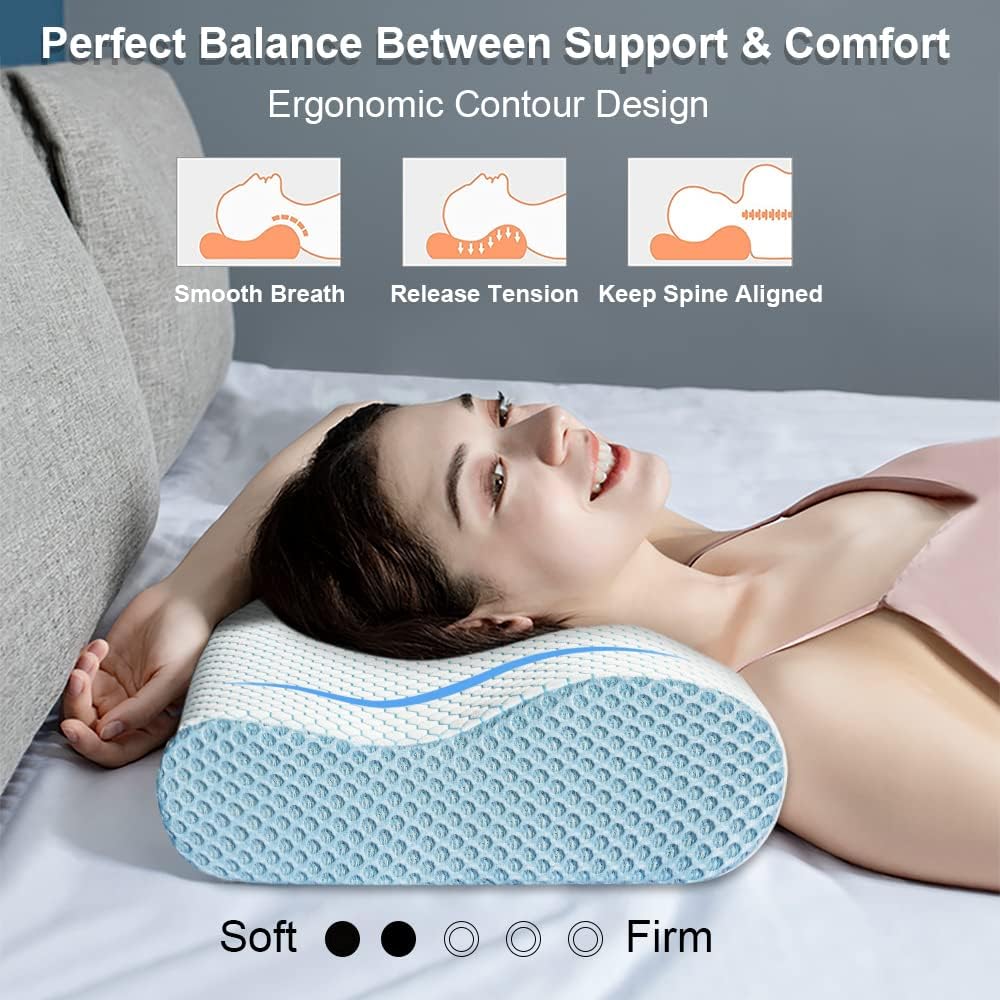 Anvo Memory Foam Pillow, Neck Contour Cervical Orthopedic Bed Pillow for Sleeping Side Back Stomach Sleeper, Ergonomic Design for Neck and Shoulder Pain Relief, Blue White, Firm