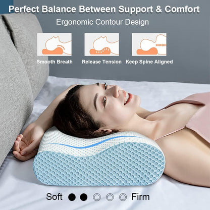 Anvo Memory Foam Pillow, Neck Contour Cervical Orthopedic Bed Pillow for Sleeping Side Back Stomach Sleeper, Ergonomic Design for Neck and Shoulder Pain Relief, Blue White, Firm