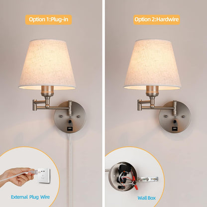 Swing Arm Wall Lamp Plug in Wall Sconces Adjustable Vintage Industrial Reading Light Bedside Wall Mount Light with Dimmable Switch and USB Port Black
