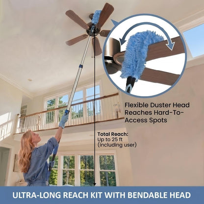 20ft High Ceiling Duster Kits with 5-12ft Heavy Duty Extension Pole - Fan Blade Cleaner, Cobweb Remover & Blue Window Squeegee Kit, Washable Dust Brush for High Roof and Glass Surfaces