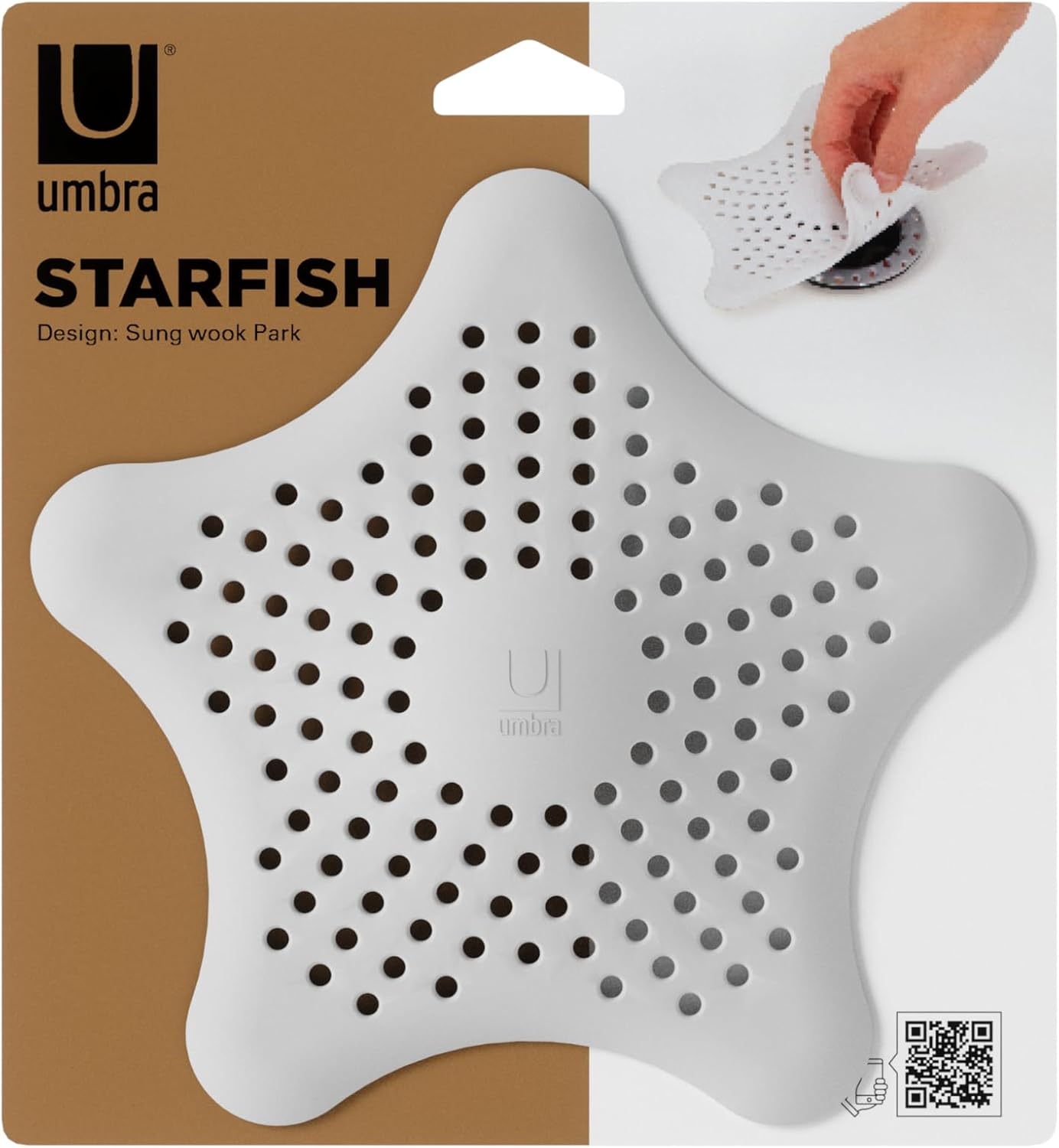 Umbra Starfish Hair Catcher, Suction Cup Drain Cover, 6-Inch, White | Silicone material, flexible and durable, water resistant seal, easy to clean, rust proof, fits standard tubs