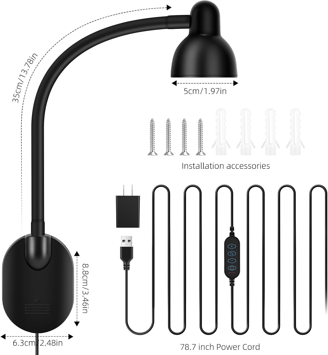 Wall Mounted Reading Light, LED Wall Bedside Lamp with Adapter, 5 Color & 10 Brightness, Plug-in Adhesive Wall Reading Lights for Books in Bed, Auto-Off Timer Wall Lights for Bedroom Headboard Black