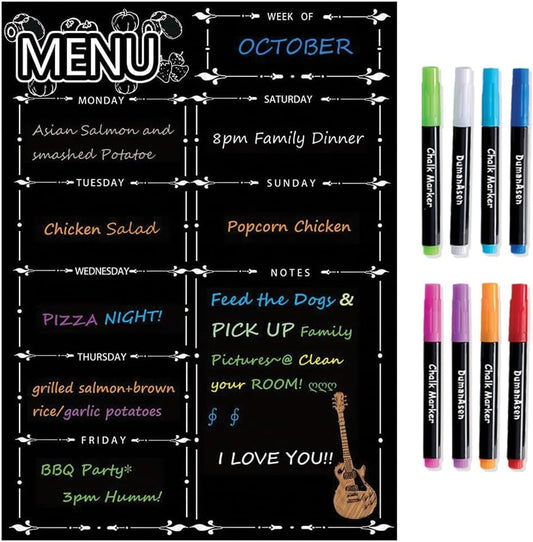 Magnetic Menu Board for Fridge, LiebHome Dry Erase Weekly Menu Planner/Family Calendar 16" x 12" with Grocery List and Notes (Black with 8 Markers)