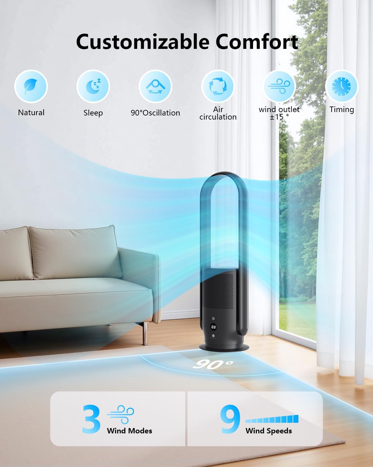 ULTTY Bladeless Tower Fan and Air Purifier Combo, Quiet Oscillating Fan with Remote & Touch Control, 9 Speeds, 8H Timer, HEPA Air Filter, Safe Floor Fan for Bedroom Home Office Black, 23.5"inch
