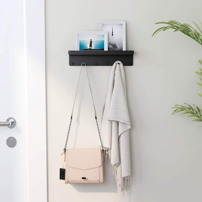 MKO Key Holder Wall Mount, Key Holder Wall Mount Adhesive with Mail Organizer Tray with 6 Key Hooks for Wall, Black | Metal Material, Key Rack with Shelf, Mail Organizer Tray for Entryway, Hallway, Living Room