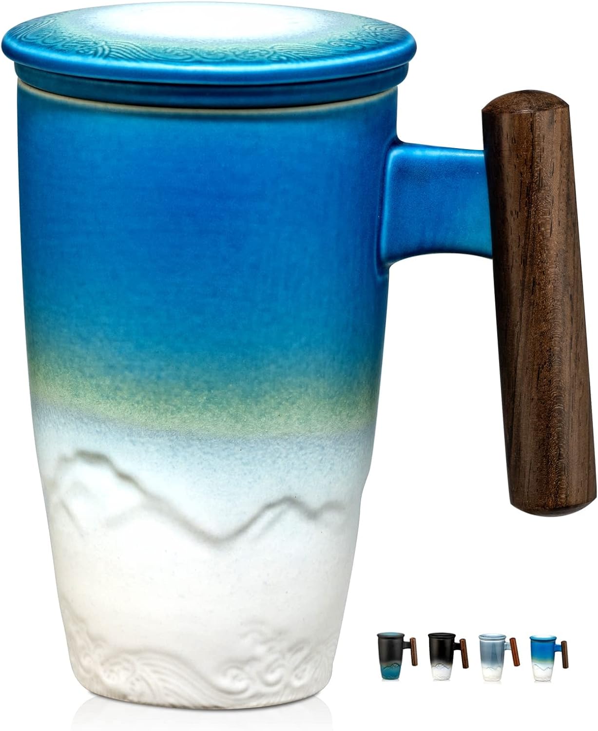 suyika Ceramic Tea Cup with Infuser and Lid Tea Mugs Wooden Handle 400ml/13.5oz Dark Green