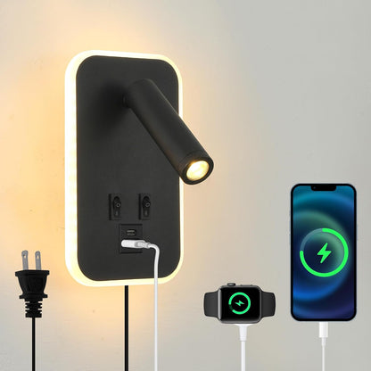 Wall Sconce Plug in with Wall Mounted Reading Lights,Modern Wall Lamp for Bedroom with Charging Station USB C+A Ports,Headboard Bedside Lamps with 3W+9W Night Light,3 Color Temperature