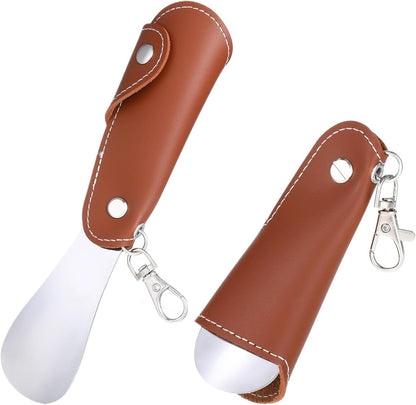 ElevateTech Metal Shoe Horn, Foldable Shoe Horns Shoes Spoon, 7.4 Inch | for Men Women, Short Mini Travel Shoehorn, Stainless Steel, with Leather Case and Keychain