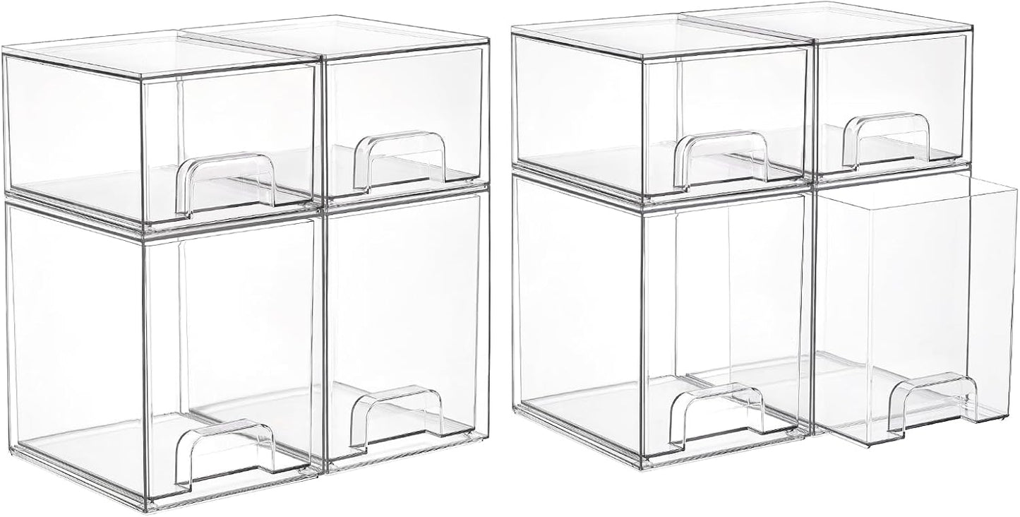 Vtopmart Clear Stackable Storage Drawers Set of 6, Plastic Organizer Bins | Multi-purpose Boxes for Bathroom Accessories Storage, Ideal for Cabinet, Shelf, Pantry, Laundry Room Organization