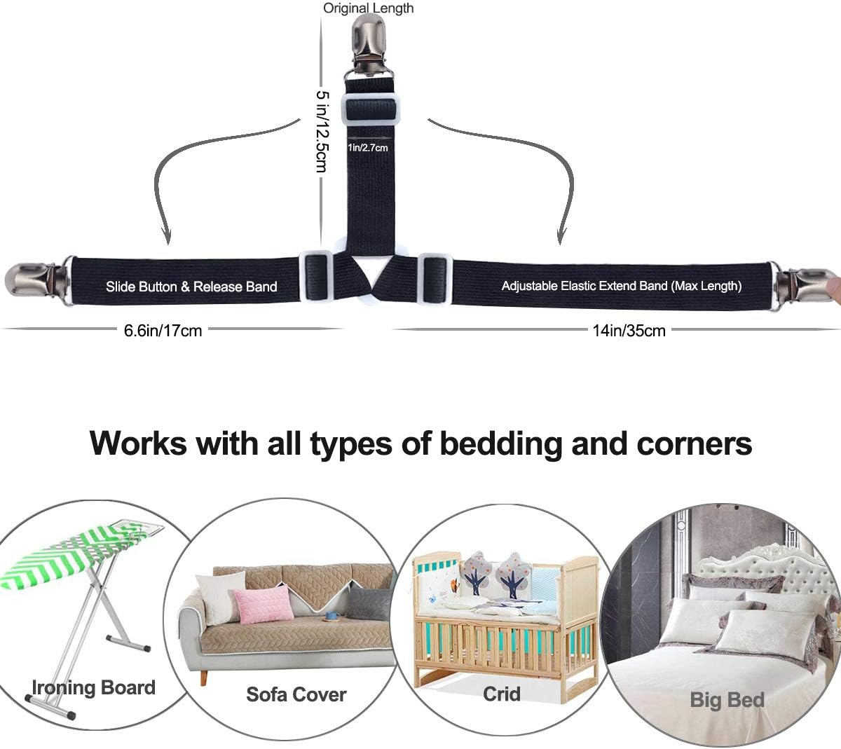 Bed Sheet Holders Straps Fasteners - 4 Pcs 3 Ways Sheet Fasteners Fitted Sheet Corner Grippers Holder Elastic Adjustable Sheet Clip Hooks Suspenders Straps(Black Triangle)