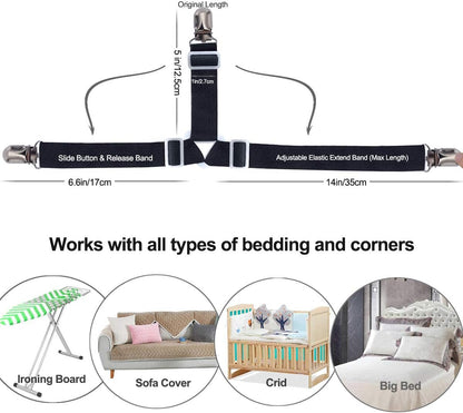 Bed Sheet Holders Straps Fasteners - 4 Pcs 3 Ways Sheet Fasteners Fitted Sheet Corner Grippers Holder Elastic Adjustable Sheet Clip Hooks Suspenders Straps(Black Triangle)