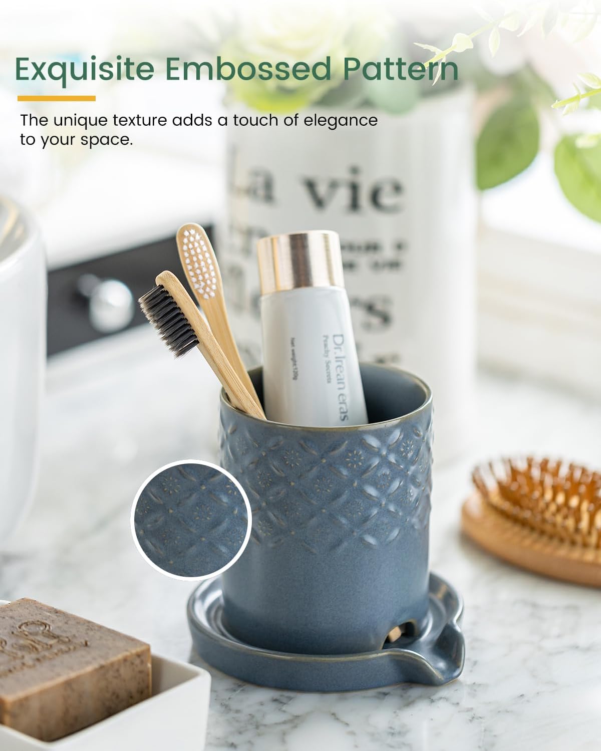 Zoeeker Toothbrush Holder with Drainage, Ceramic Toothbrush Holders Set | Electric Toothbrush & Toothpaste Holder for Bathrooms Self-draining Tooth Brush Cup Countertop Organizers for Family, Yellow