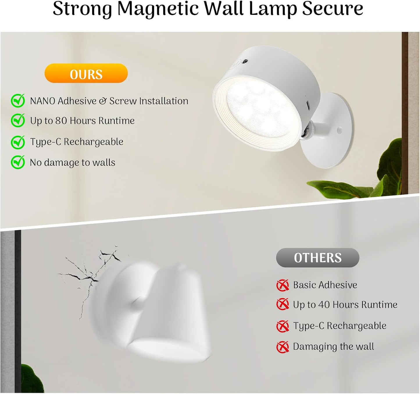 Rechargeable Wall Sconce 2 Pack, Remote & Touch Control, Dimmable | 3 Color Temps, Wireless LED Wall Lights, Magnetic Reading Light, 360° Rotating Wall Lamps for Bedroom Bedside, Living Room