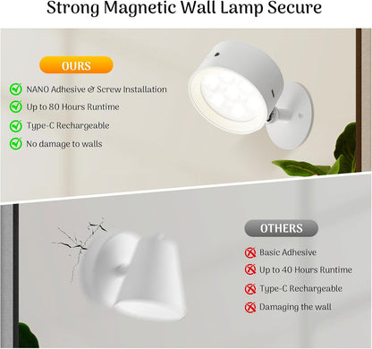 Rechargeable Wall Sconce 2 Pack, Remote & Touch Control, Dimmable | 3 Color Temps, Wireless LED Wall Lights, Magnetic Reading Light, 360° Rotating Wall Lamps for Bedroom Bedside, Living Room