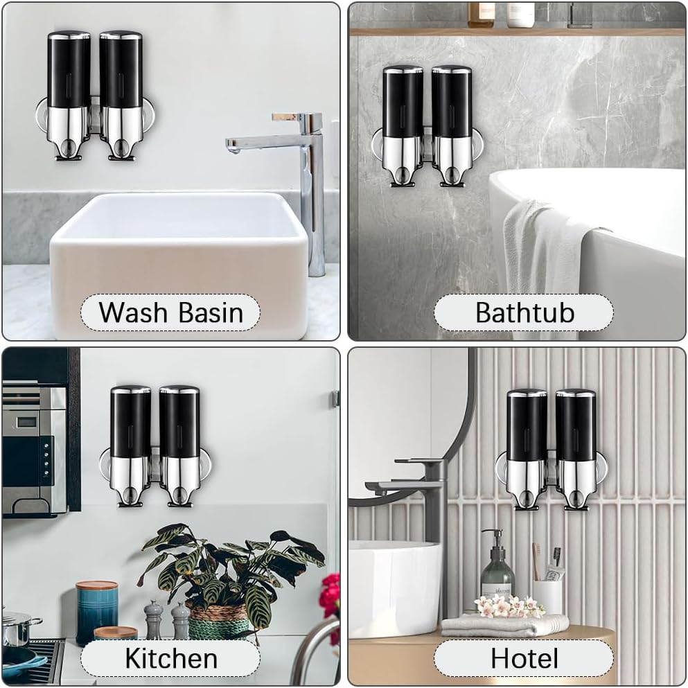 3 in 1 Chamber Wall Mounted Shampoo and Conditioner Dispenser (Silver) | No Drill Shower Soap Dispenser for Bathroom & Hotel Leak-Proof Pumps, Easy Installation and Large Capacity